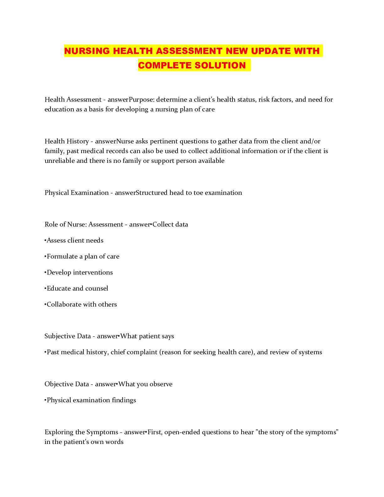 Preview image of NURSING HEALTH ASSESSMENT NEW UPDATE WITH COMPLETE SOLUTION document